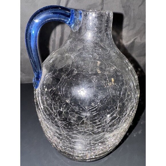 Blenko Crackle Glass Pitcher Vase Applied Blue Handle 8x5 - Picture 1 of 16